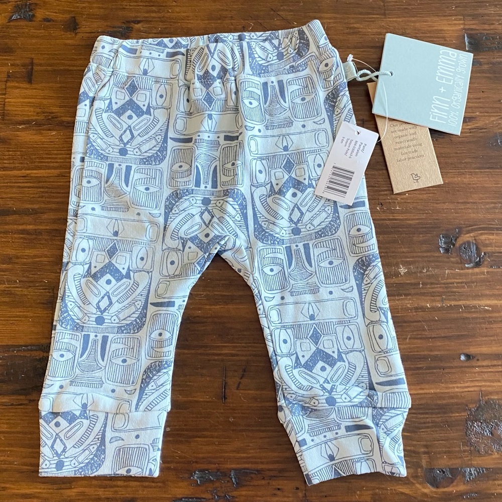NWT Finn + Emma Organic Cotton Cuffed Baby‎ Pants Totem Pole Blue 3-6 Months